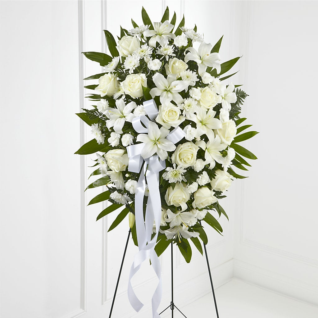 Exquisite Tribute Standing Spray-White Ribbon – KIEFER'S FLORIST, Coshocton OH